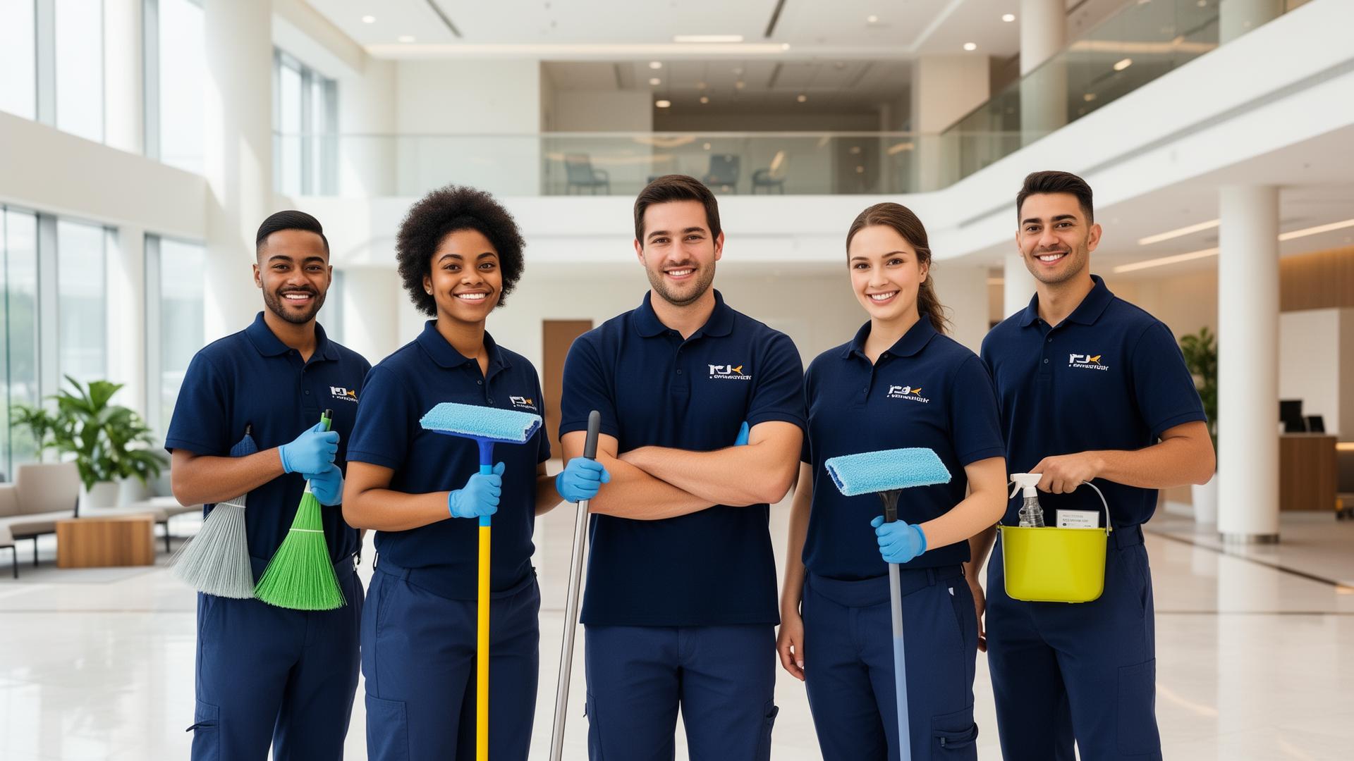 Uniformed Evercore cleaning crew standing together with their equipment in a modern lobby