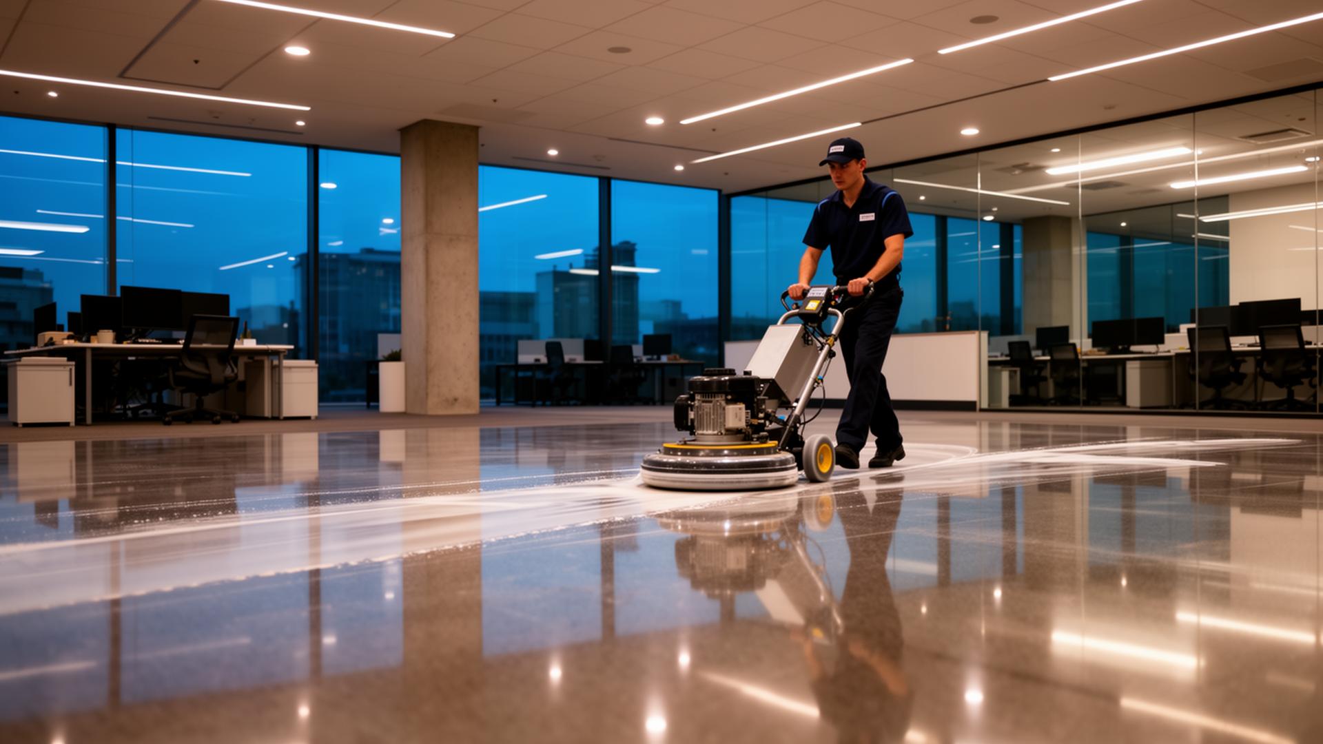 Uniformed Evercore operator polishing a commercial office floor to a mirror finish