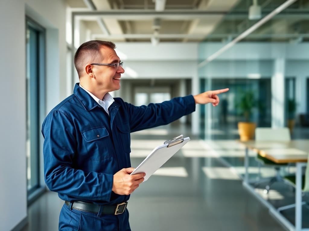 Uniformed Evercore supervisor walking through a corporate office with a clipboard