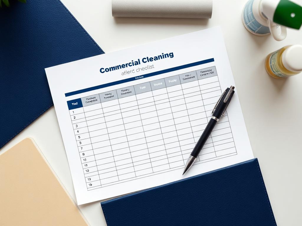 Custom commercial cleaning checklist on a desk with pen and folder