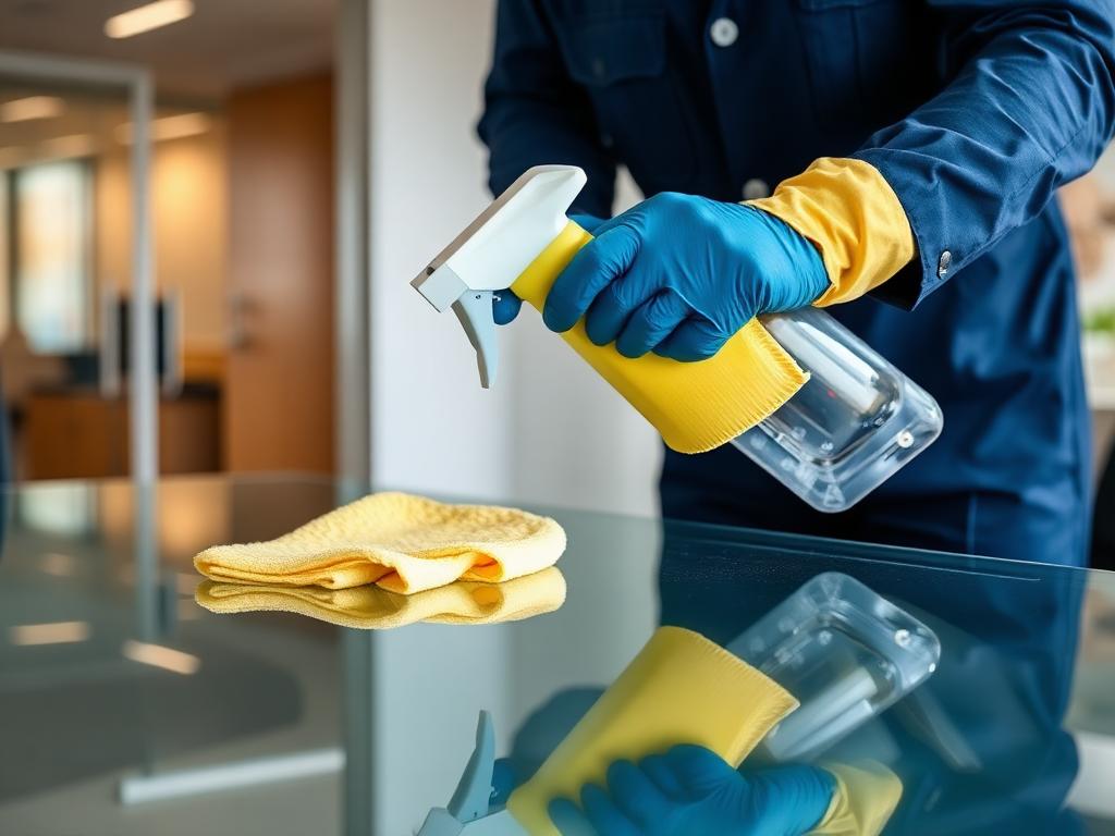 Gloved cleaning professional wiping down a glass office desk to a streak-free shine
